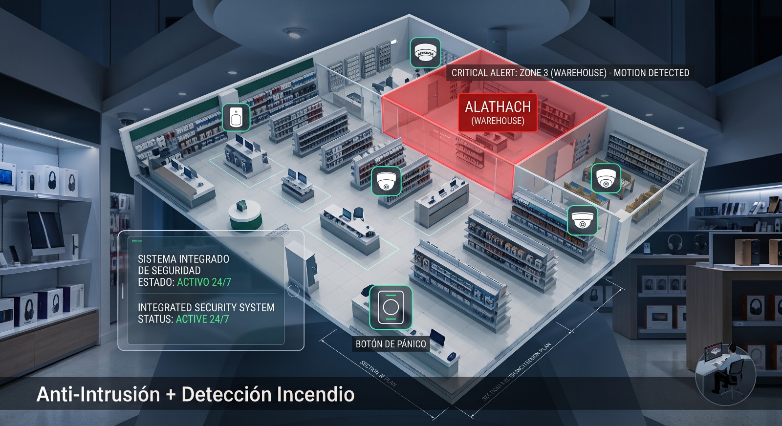 Sistema integrado de seguridad, alerta de zona crítica en bodega